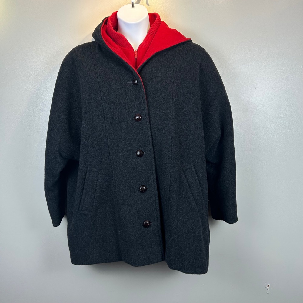 Vintage Lady Penguin Gray Red Hooded Wool Coat Plus Size 24 Made in USA M Liman